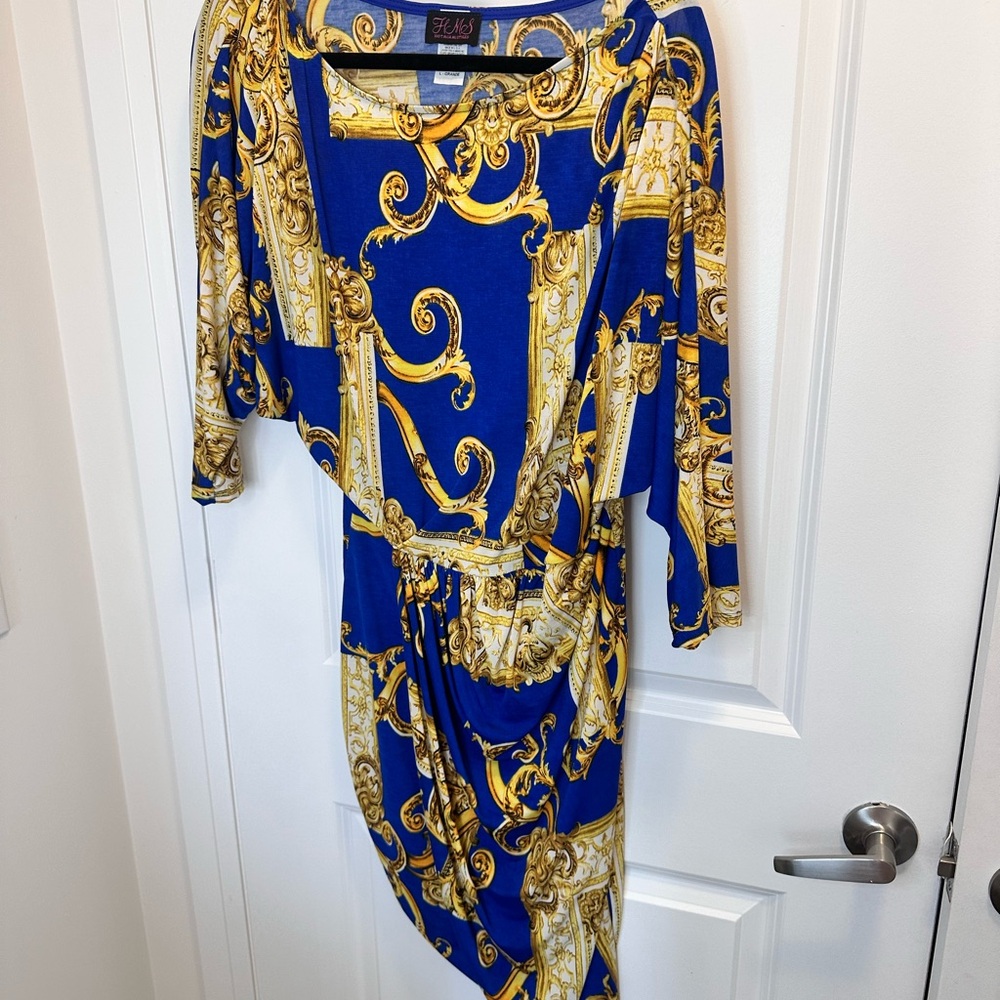 Hot Miami Styles Asymmetrical Blue and Gold Dress